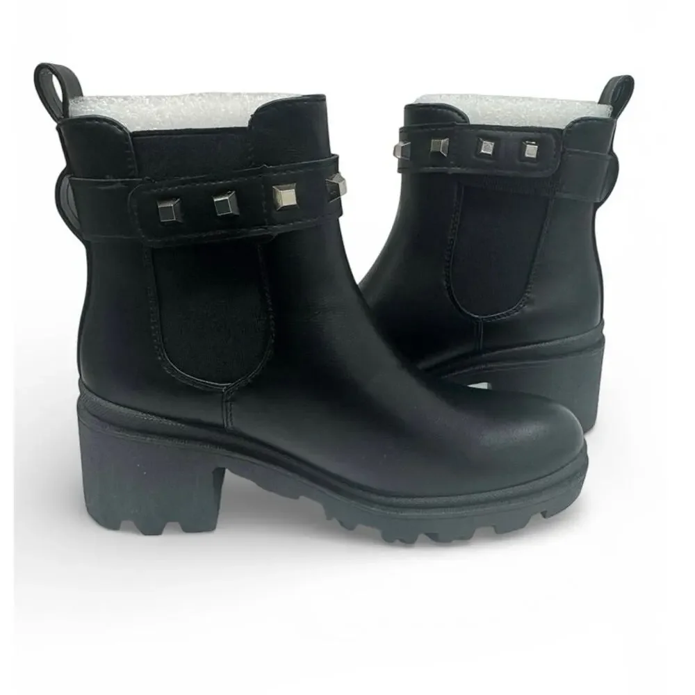 Black Studded Chelsea Ankle Boots Lug Sole Block Heel Size 6.5